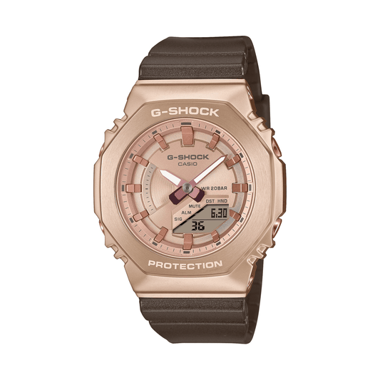 Casio G Shock Mid Duo Peach Gold World Time Stopwatch Alarm 200M Water Resistant R/Gold Face Brown Resin Band GMS2100CB-5A watches item