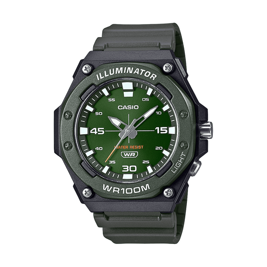 Casio Ana Heavy Duty Led Light 100M Water Resistant Water Resistant Green Face Black Resin Band MW620H-3A watches item