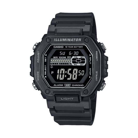 Casio Digital Gents Led Dual Alarm 100M Water Resistant Black Ip Face And Resin Band MWD110HB-1B watches item