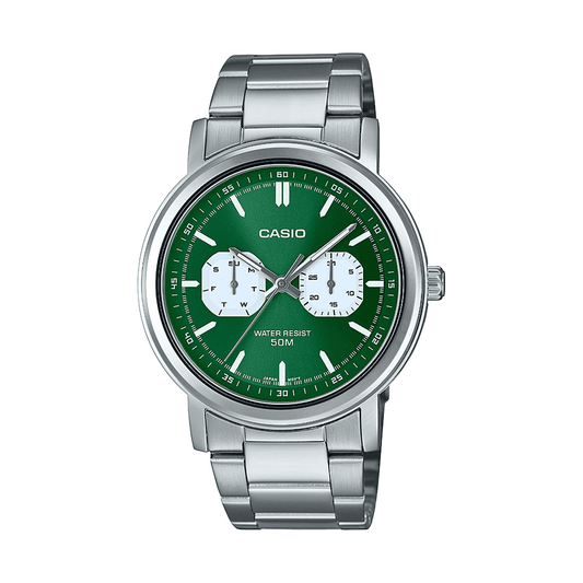 Casio Analogue Day-Date Dial 50M Water Resistant Green Face Stainless Steel Band MTPE335D-3E watches item