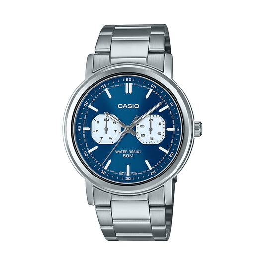 Casio Analogue Day-Date Dial 50M Water Resistant Blue Face Stainless Steel Band MTPE335D-2E1 watches item