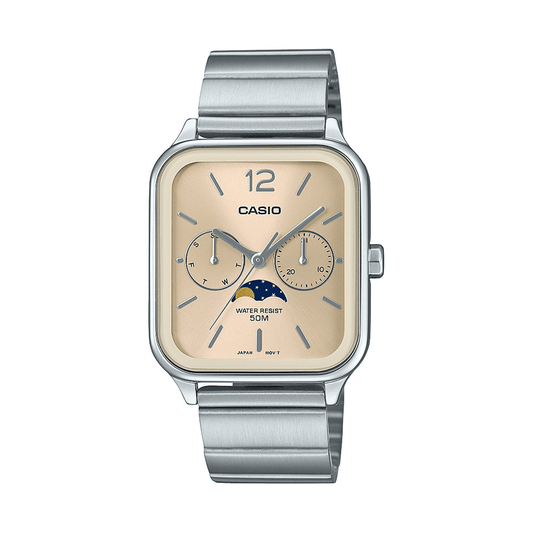 Casio Analogue Moon Phase 50M Water Resistant Gold Face Stainless Steel Band MTPM305D-9A watches item