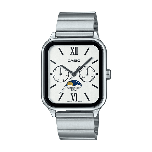 Casio Analogue Moon Phase 50M Water Resistant White & Black Face Stainless Steel Band MTPM305D-7A2 watches item