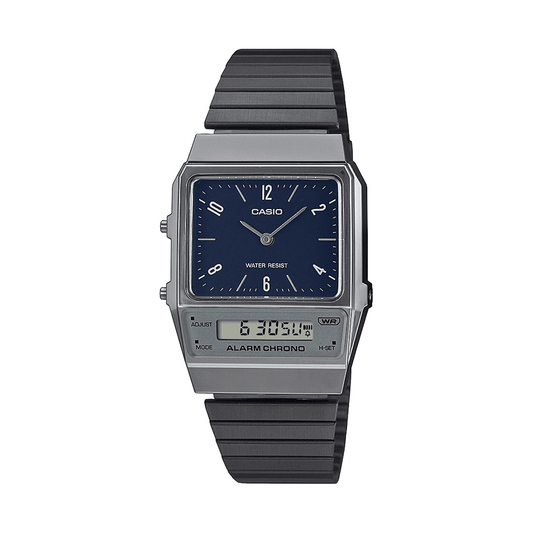 Casio Duo Retro Colour Dual Time Alarm StopwatchBlack Face Black Ip Stainless Steel Band AQ800EB-2A watches item