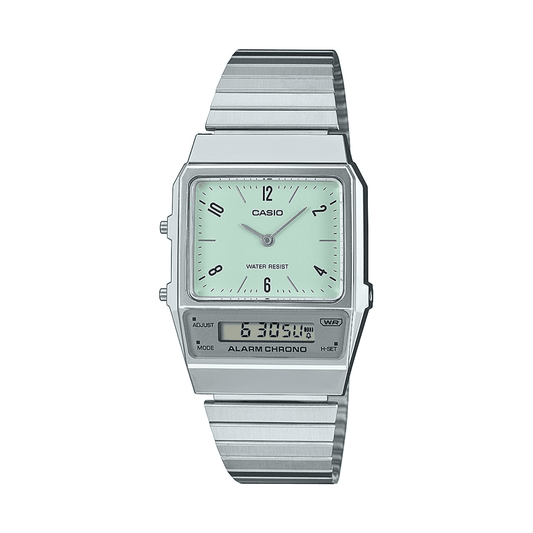 Casio Duo Retro Colour Dual Time Alarm StopwatchGreen Face Stainless Steel Band AQ800E-3A watches item