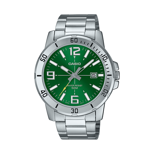 Casio Gent Analogue 50M Water Resistant Green Face Stainless Steel Band MTPVD01D-3B watches item