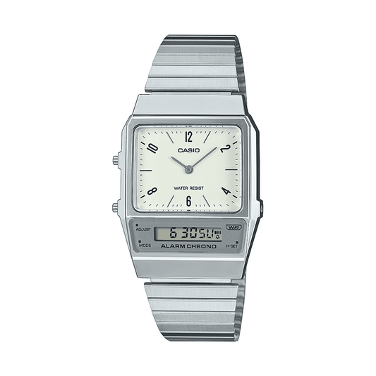 Casio Duo Retro Colour Dual Time Alarm StopwatchWhite Face Stainless Steel Band AQ800E-7A2 watches item