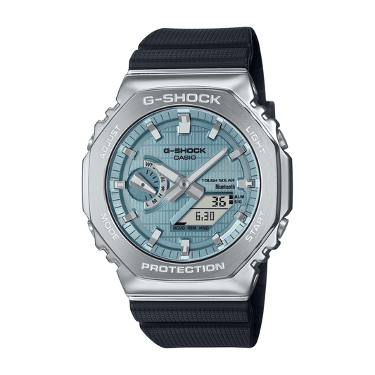 Casio G Shock Duo Metal Covered Solar Bluetooth Worldtime Stopwatch 200M Water Resistant Blue Face And Black Resin Band GBM2100A-1A2 watches item