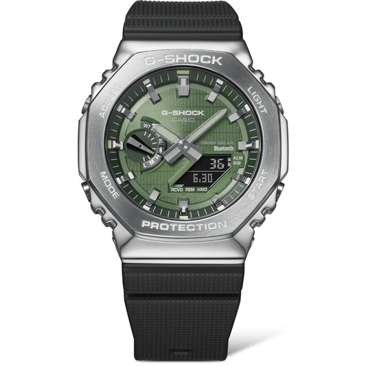 Casio G Shock Duo Metal Covered Solar Bluetooth Worldtime Stopwatch 200M Water Resistant Green Face And Black Resin Band GBM2100A-1A3 watches item