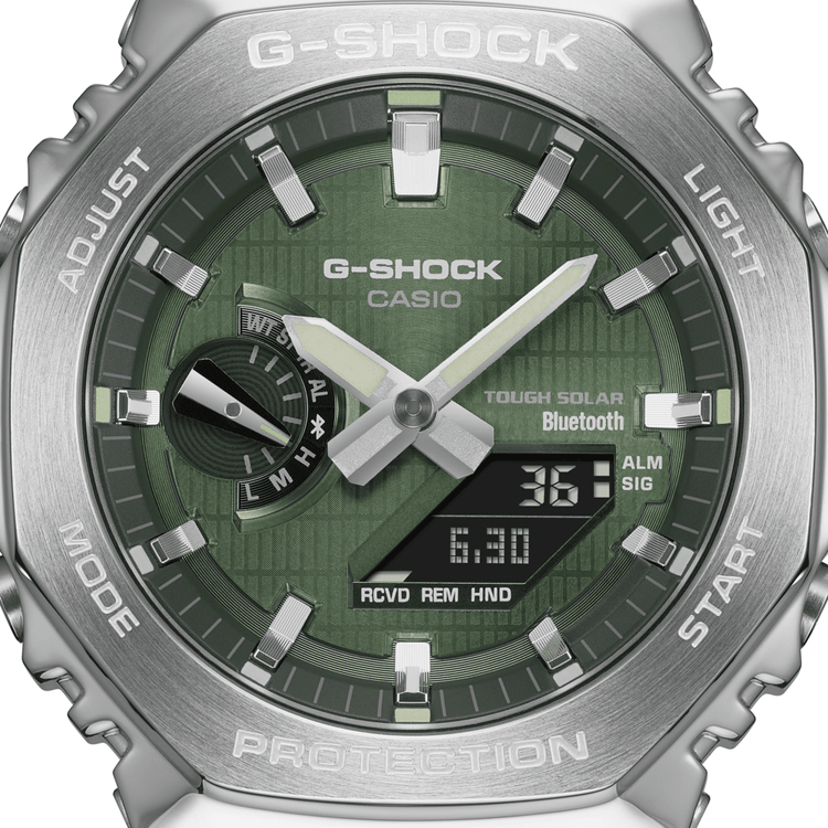 Casio G Shock Duo Metal Covered Solar Bluetooth Worldtime Stopwatch 200M Water Resistant Green Face And Black Resin Band GBM2100A-1A3