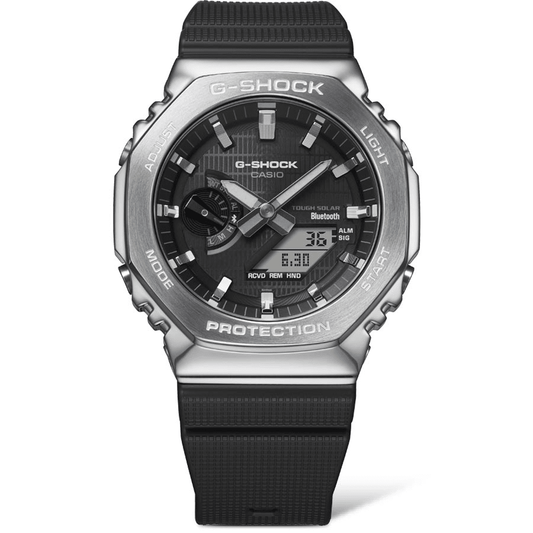 Casio G Shock Duo Metal Covered Solar Bluetooth Worldtime Stopwatch 200M Water Resistant Black Face And Black Resin Band GBM2100-1A watches item