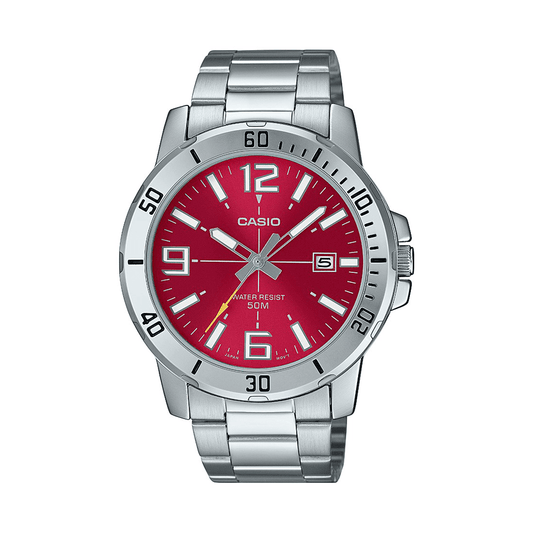 Casio Gent Analogue 50M Water Resistant Red Face Stainless Steel Band MTPVD01D-4B watches item