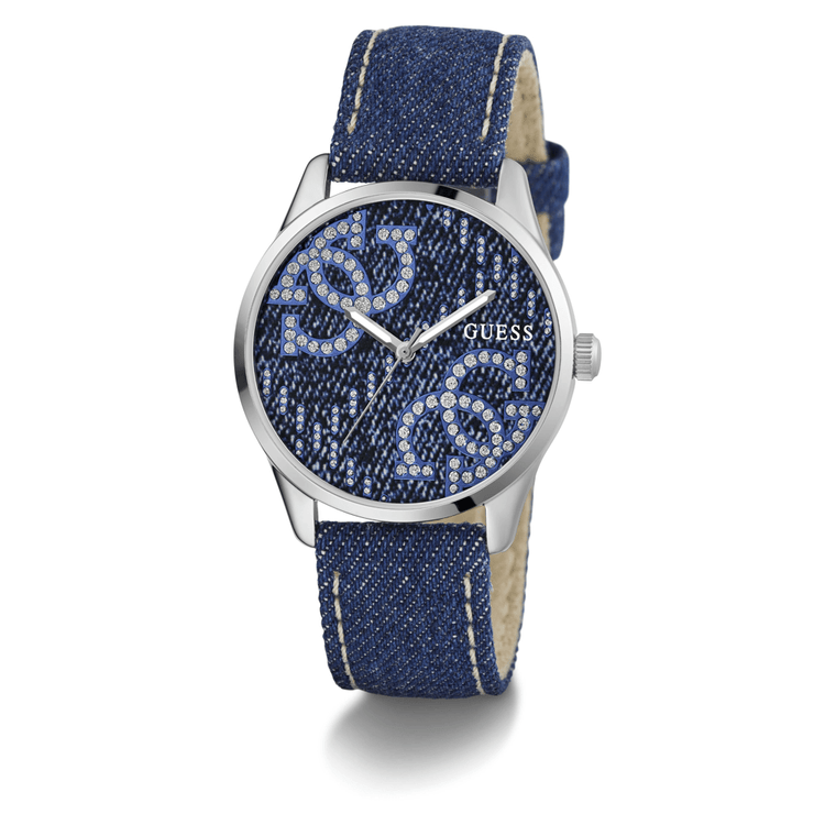 Guess Trend G Stitch Trend Silver-Tone Blue Denim Strap Women's' Watch GW0755L1