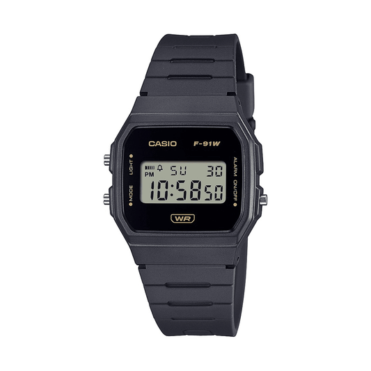 Casio Digital Led Stopwatch AlarmBlack Resin Band Gold Acct F91WB-8A watches item