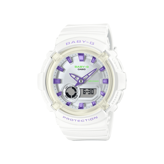Casio Baby G Duo Dance In Neon Led Worldtime Stopwatch Alarm 100M Water Resistant White W/ Purple Accent Resin BGA280DN-7A watches item