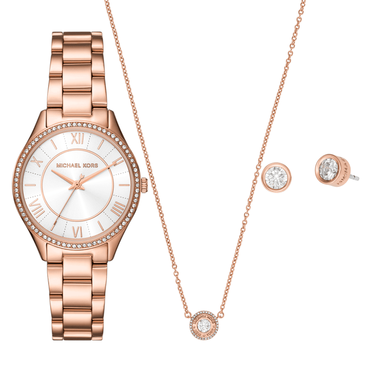 Michael Kors Lauryn Three-Hand Rose Gold-Tone Stainless Steel Watch, Earrings and Necklace Gift Set MK4850SET