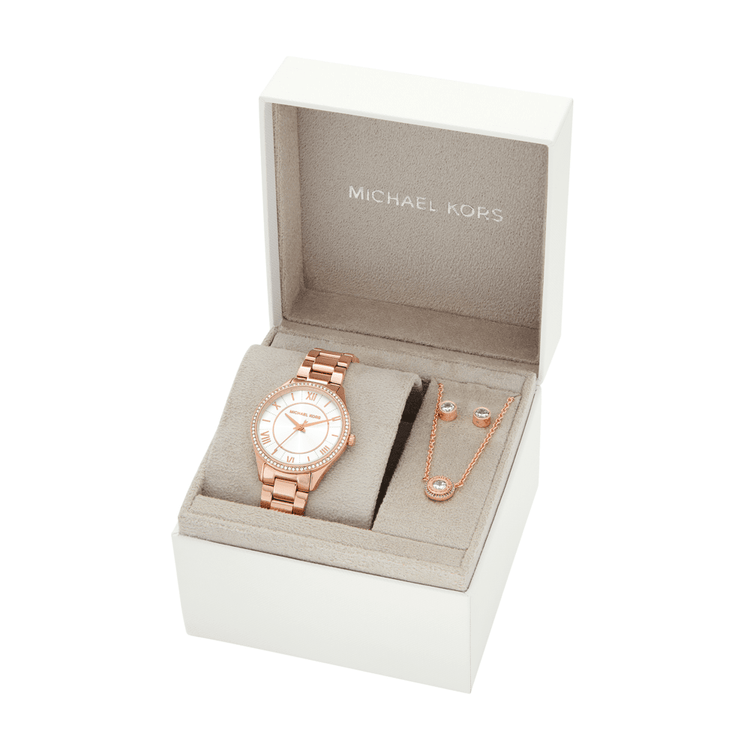 Michael Kors Lauryn Three-Hand Rose Gold-Tone Stainless Steel Watch, Earrings and Necklace Gift Set MK4850SET