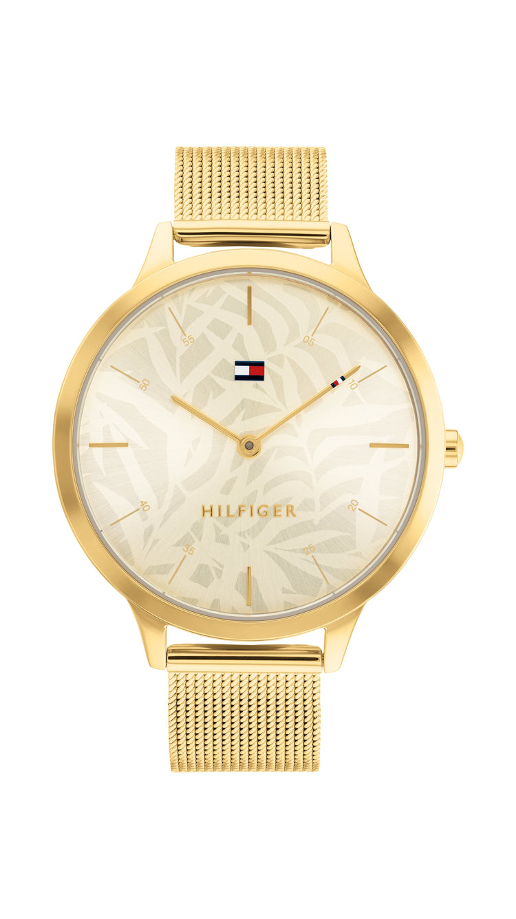Tommy Hilfiger 2-Hand Light Champagne Dial Ionic Thin Gold Plated Mesh Bracelet Ladies Watch