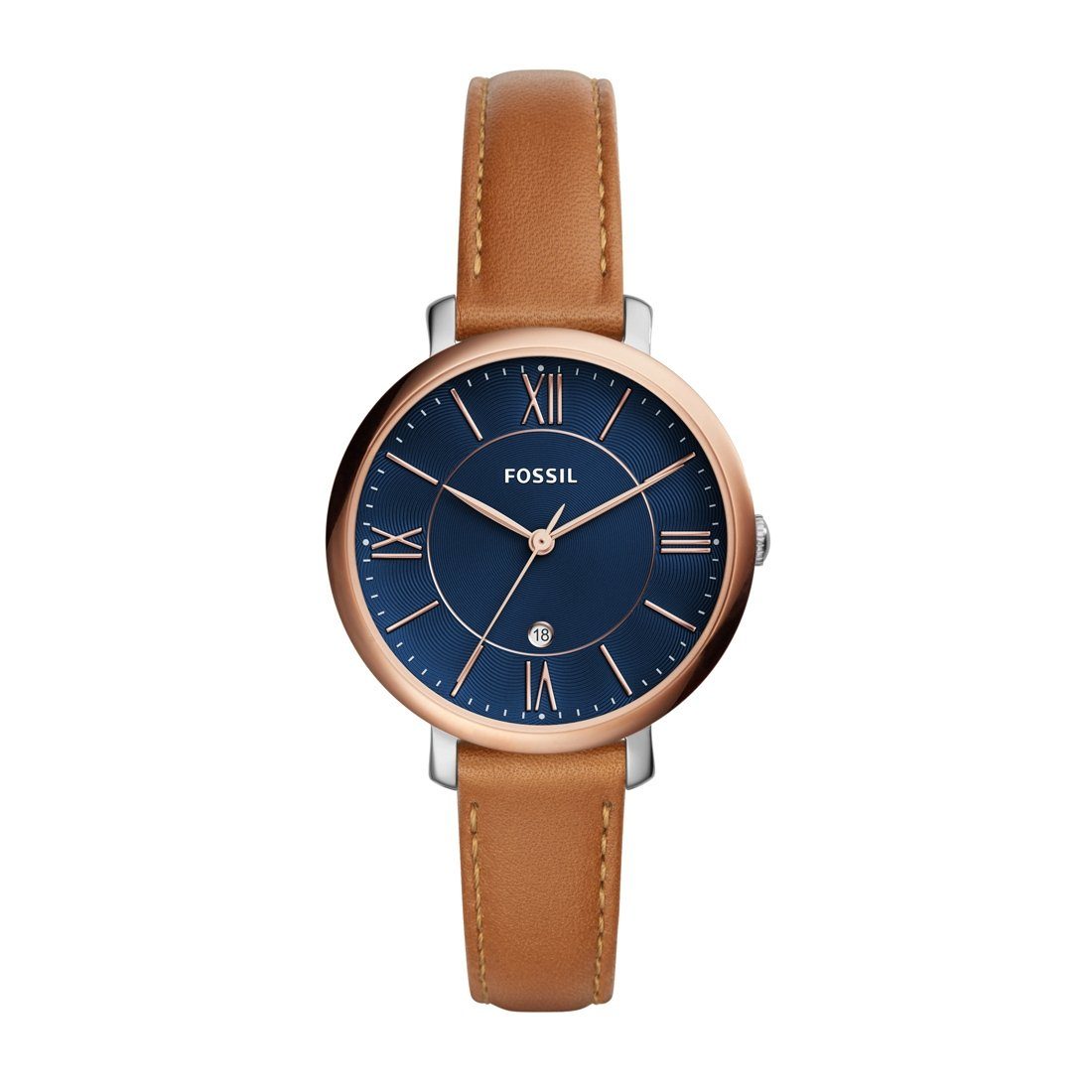 Fossil Ladies Jacqueline Blue Face Rose Gold Case Brown Leather Band Model ES4274 Watches Fossil 