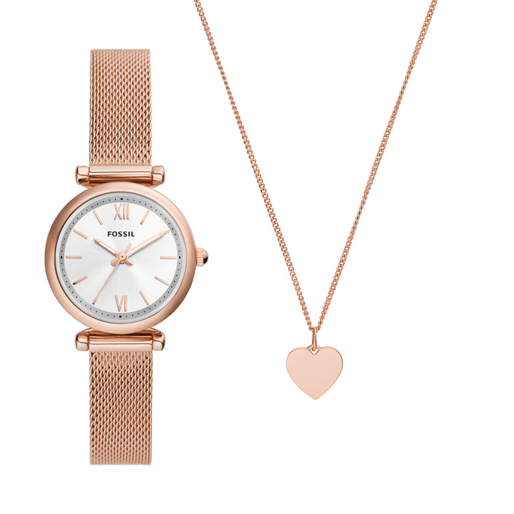 Fossil Carlie Three-Hand Rose Gold-Tone Stainless Steel Mesh Watch and Necklace Box Set ES5314SET
