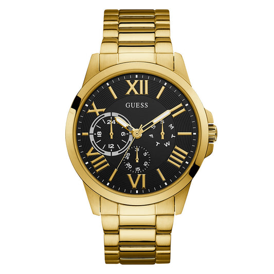 Guess Equity Brushed Gold Tone Case With Polished Gold Tone Bezel With Sunray Green Multifunction Dial And Brushed And Polished Gold Tone Bracelet GW0703G2 watches item