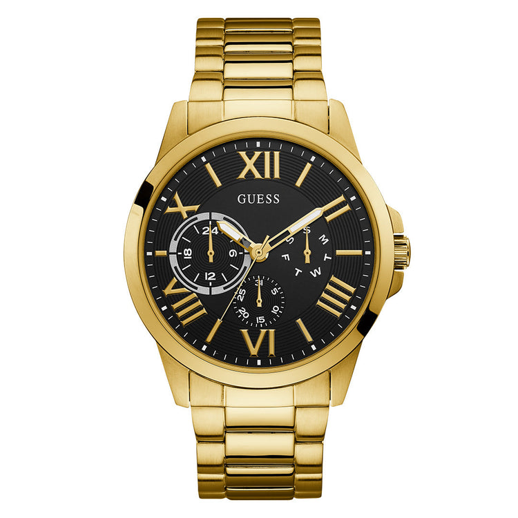 Guess Equity Brushed Gold Tone Case With Polished Gold Tone Bezel With Sunray Green Multifunction Dial And Brushed And Polished Gold Tone Bracelet GW0703G2