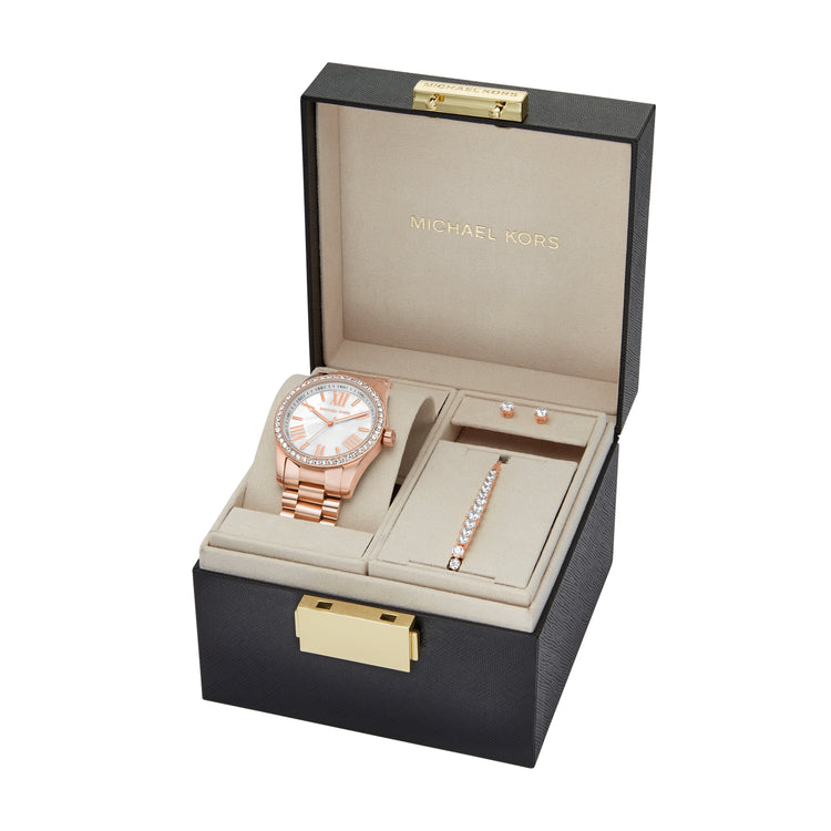 Michael Kors Lexington Three Hand Rose Gold Tone Stainless Steel Watch and Jewelry Gift Set MK1088SET