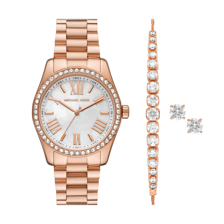 Michael Kors Lexington Three Hand Rose Gold Tone Stainless Steel Watch and Jewelry Gift Set MK1088SET