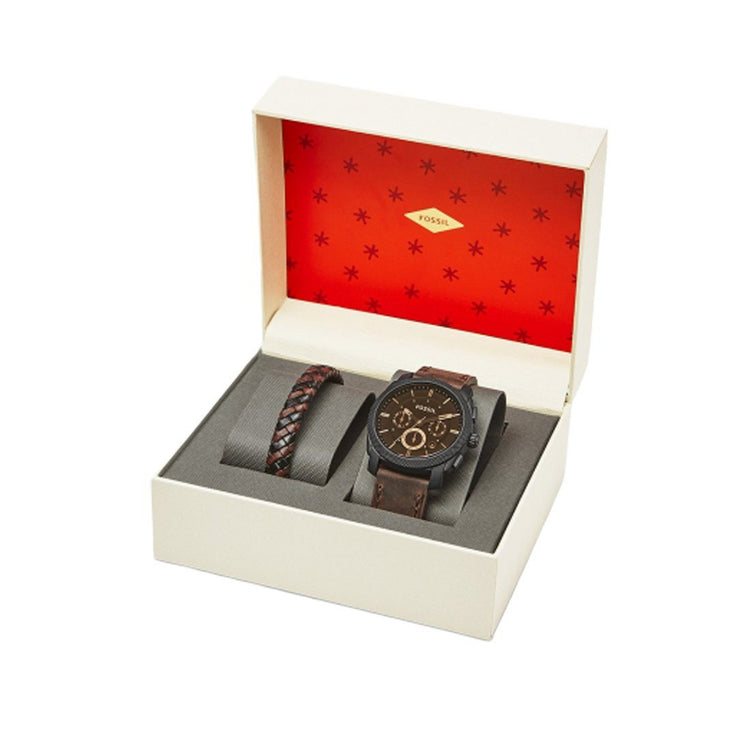 Fossil Machine Chronograph Dark Brown Leather Watch and Bracelet Box Set FS5251SET