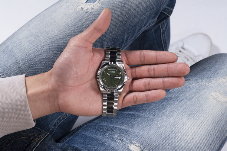 Guess Connoisseur Brushed And Polished Silver Tone Case Semi Gloss Green Day Date Dial And Brushed And Polished Silver Tone Bracelet GW0265G10