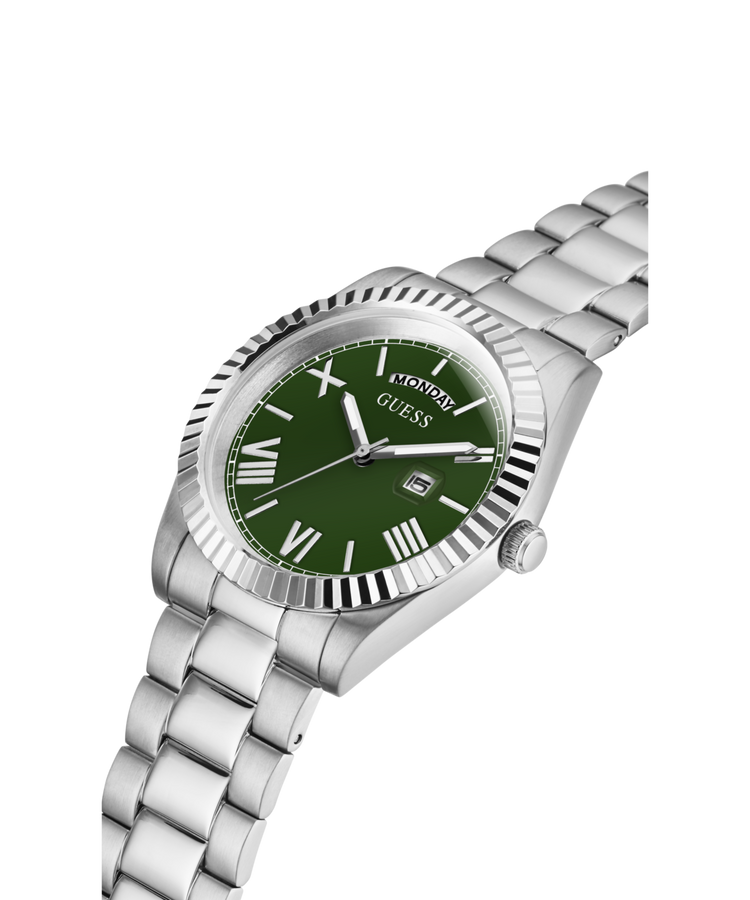 Guess Connoisseur Brushed And Polished Silver Tone Case Semi Gloss Green Day Date Dial And Brushed And Polished Silver Tone Bracelet GW0265G10
