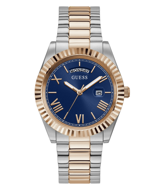 Guess Connoisseur Brushed And Polished Two Tone Case Blue Day Date Dial And Brushed And Polished Two Tone Bracelet GW0265G12