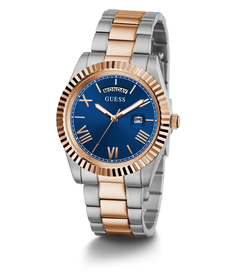 Guess Connoisseur Brushed And Polished Two Tone Case Blue Day Date Dial And Brushed And Polished Two Tone Bracelet GW0265G12