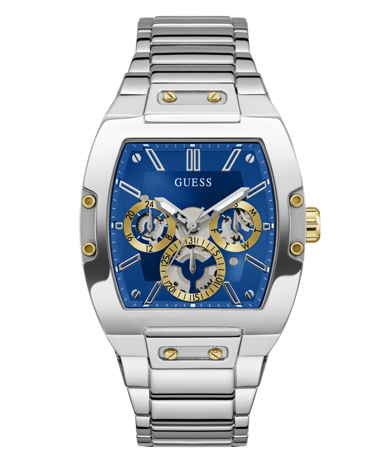Guess Phoenix Polished Silver Tone Case Sunray Blue Cut Thru Multifunction Dial And Polished Silver Tone Bracelet GW0456G5