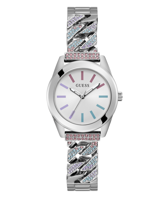 Guess Serena Polished Silver Tone Case Sunray Silver Dial And Polished Silver Tone Glitz Bracelet With Adjustable G Links GW0546L4