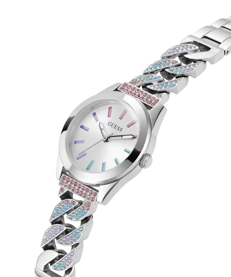 Guess Serena Polished Silver Tone Case Sunray Silver Dial And Polished Silver Tone Glitz Bracelet With Adjustable G Links GW0546L4