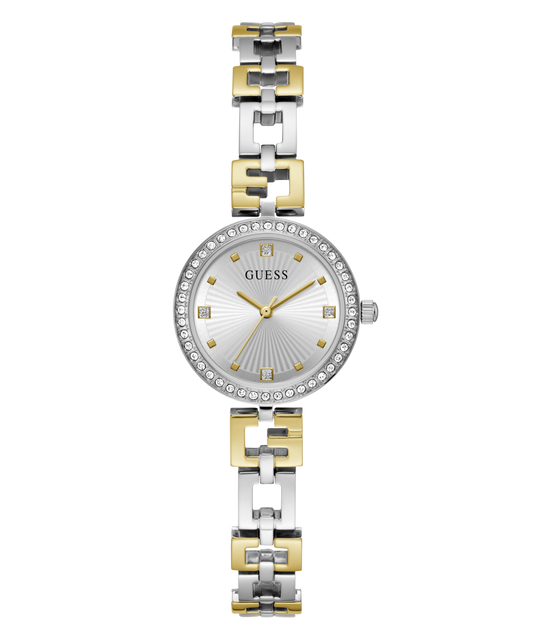 Guess Lady G Polished Silver Tone Case With Crystals Sunray Silver Dial And Polished Silver And Gold Tone Logo Bracelet With Adjustable G Links GW0656L1