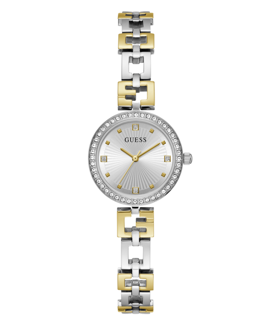 Guess Lady G Polished Silver Tone Case With Crystals Sunray Silver Dial And Polished Silver And Gold Tone Logo Bracelet With Adjustable G Links GW0656L1 watches item