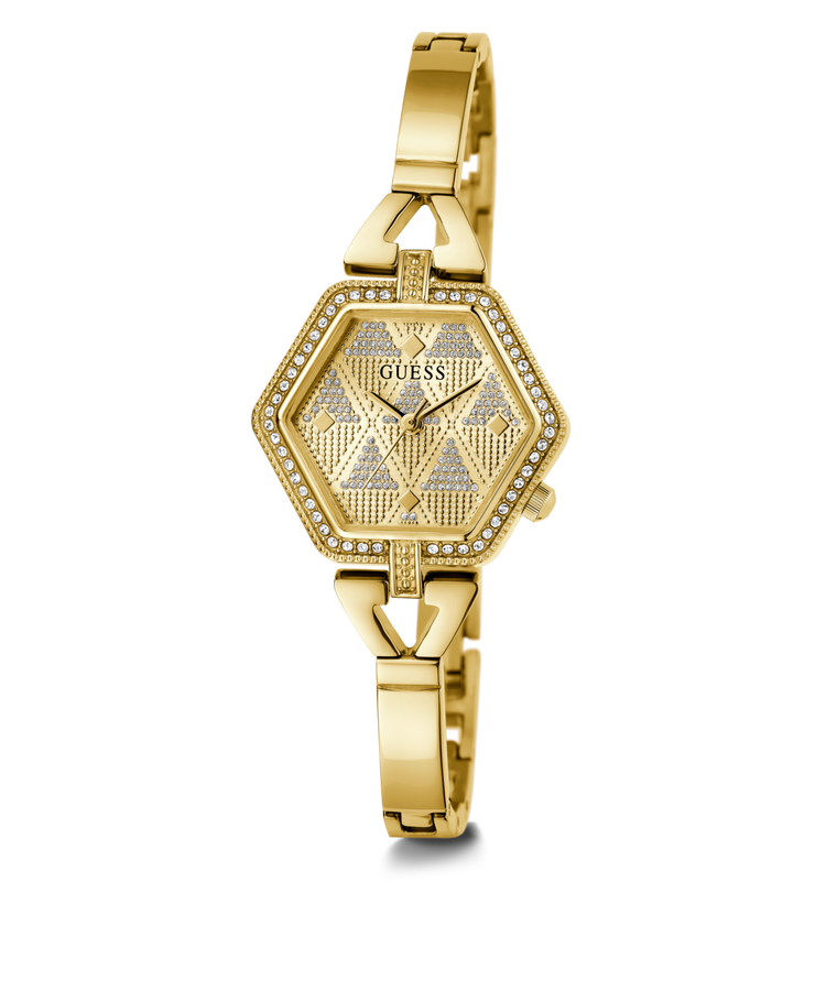 Guess Audrey Polished Gold Tone Case With Crystals Sunray Champagne Glitz Dial And Polished Gold Tone Bracelet With Adjustable G Links GW0680L2