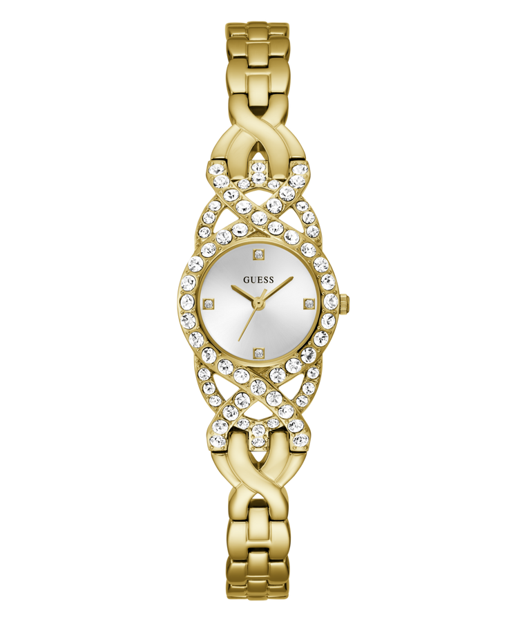 Guess Adorn Polished Gold Tone Case With Crystals Sunray Silver Dial And Polished Gold Tone Bracelet With Adjustable G Links GW0682L2