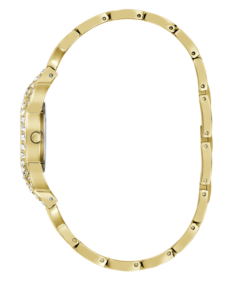 Guess Adorn Polished Gold Tone Case With Crystals Sunray Silver Dial And Polished Gold Tone Bracelet With Adjustable G Links GW0682L2