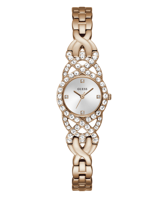 Guess Adorn Polished Rose Gold Tone Case With Crystals Sunray Silver Dial And Polished Rose Gold Tone Bracelet With Adjustable G Links GW0682L3