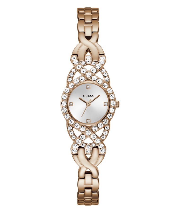 Guess Adorn Polished Rose Gold Tone Case With Crystals Sunray Silver Dial And Polished Rose Gold Tone Bracelet With Adjustable G Links GW0682L3