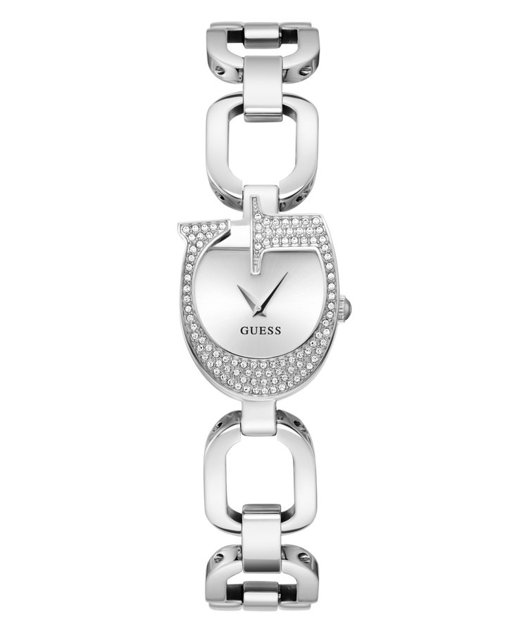 Guess Gia Polished Silver Tone Logo Case With Crystals Sunray Silver Dial And Polished Silver Tone Bracelet With Adjustable G Links GW0683L1