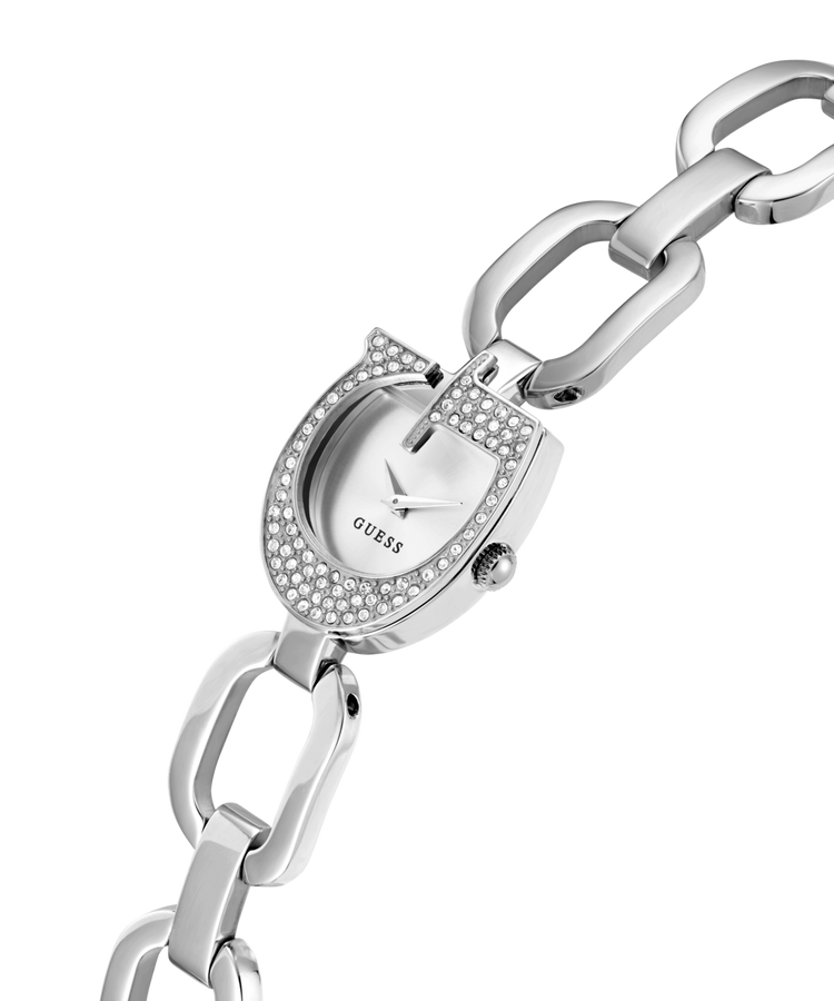 Guess Gia Polished Silver Tone Logo Case With Crystals Sunray Silver Dial And Polished Silver Tone Bracelet With Adjustable G Links GW0683L1