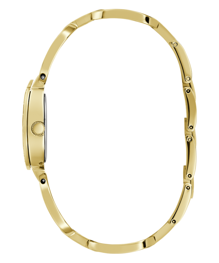 Guess Gia Polished Gold Tone Logo Case With Crystals Sunray Silver Dial And Polished Gold Tone Bracelet With Adjustable G Links GW0683L2