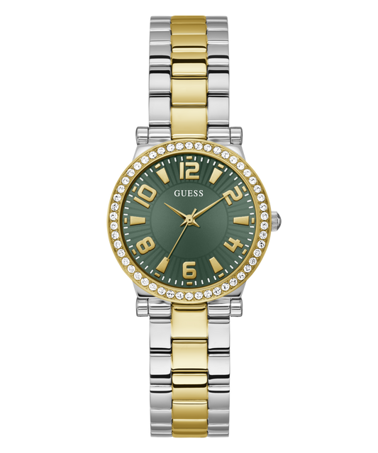 Guess Fawn Polished Two Tone Case With Crystals Sunray Green Dial And Polished Two Tone Bracelet GW0686L2