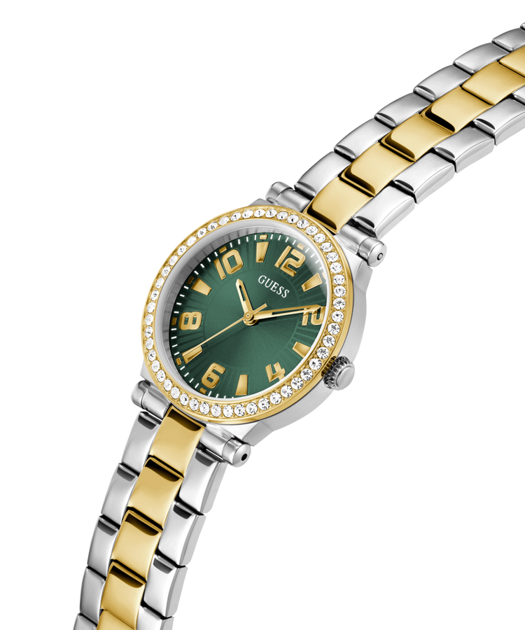 Guess Fawn Polished Two Tone Case With Crystals Sunray Green Dial And Polished Two Tone Bracelet GW0686L2