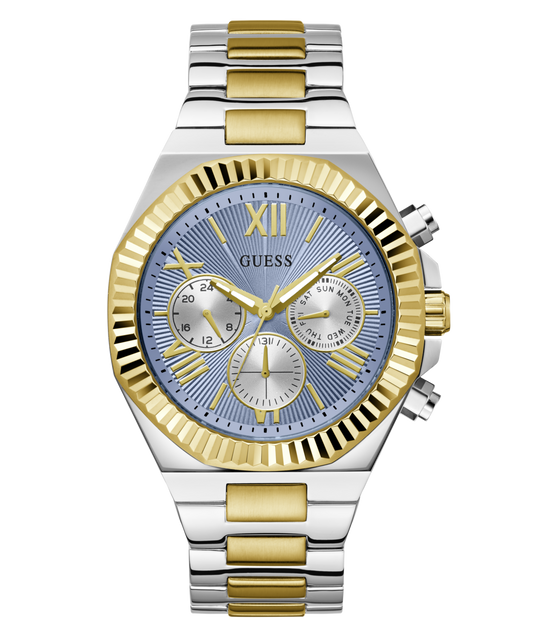Guess Equity Brushed Silver Tone Case With Polished Gold Tone Bezel With Sunray Glacial Blue Multifunction Dial And Brushed And Polished Two Tone Bracelet GW0703G3 watches item
