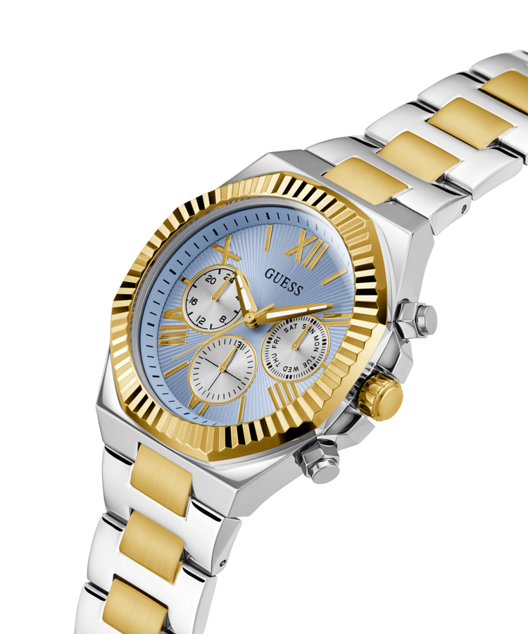 Guess Equity Brushed Silver Tone Case With Polished Gold Tone Bezel With Sunray Glacial Blue Multifunction Dial And Brushed And Polished Two Tone Bracelet GW0703G3